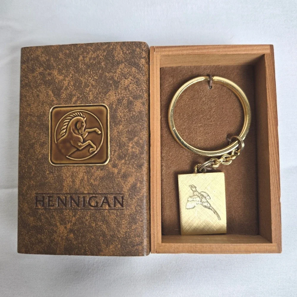 Hennigan Gold Plated Pheasant Engraved Key Chain w/ Wooden Presentation Box